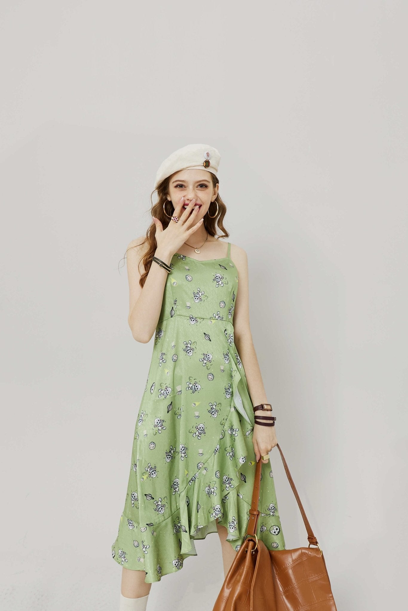 Cartoon Print High Waist Casual Bohemia Slip Dress Autumn Sleeveless Irregular Hem Korean Ladies Ruffle Satin Dress-2