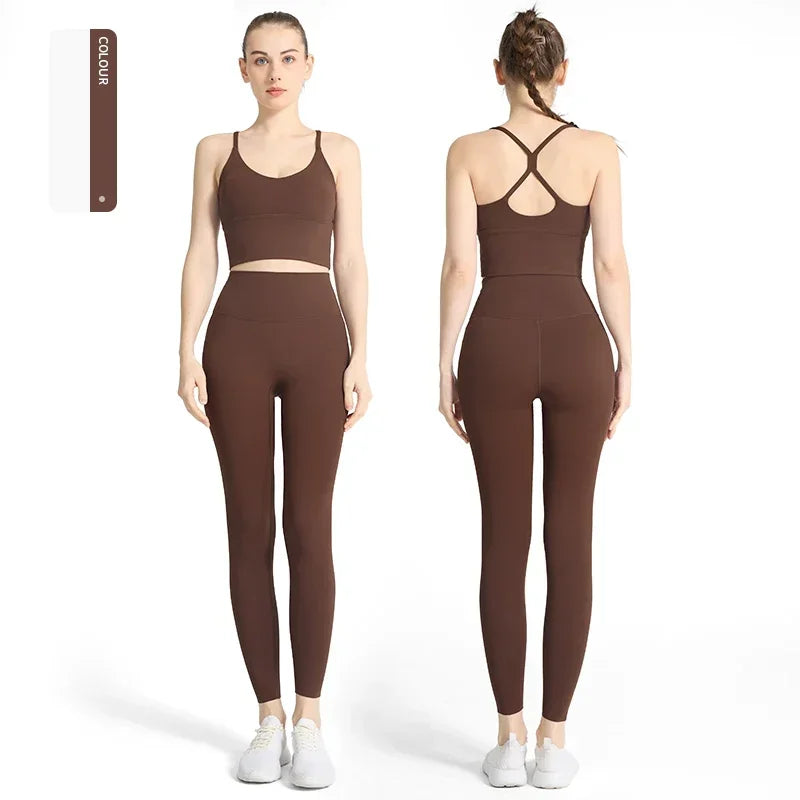 2-piece Yoga Suit Women Sportswear Fitness Set Cross back Yoga Tops - GilloServ