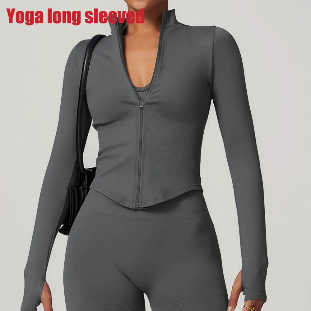Zipper Women Crop Tops Yoga T-shirts Solid // Long Sleeve Running Shirts Sexy Quick Dry Fitness Jacket Gym Sport Wear - GilloServ