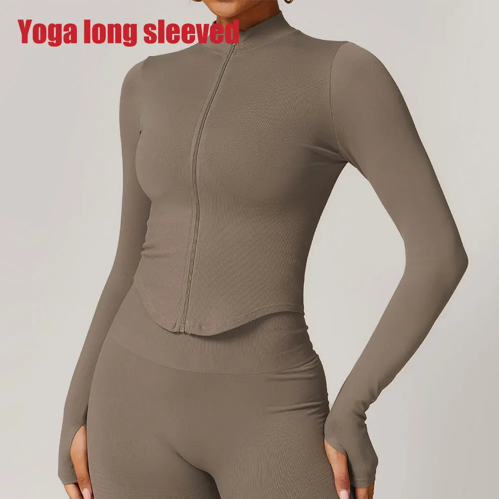Zipper Women Crop Tops Yoga T-shirts Solid // Long Sleeve Running Shirts Sexy Quick Dry Fitness Jacket Gym Sport Wear - GilloServ