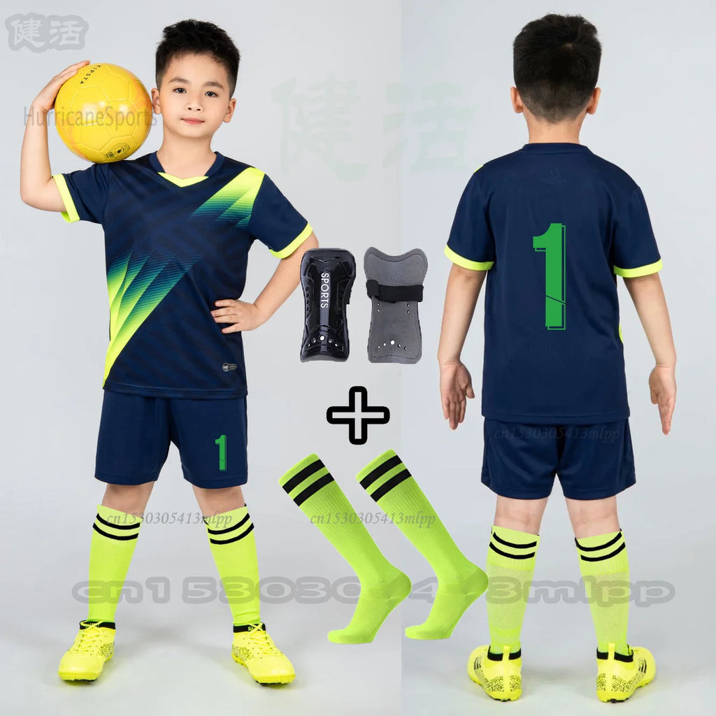 Boys Football Jersey Sets+Socks+Shin Pads Child Soccer Sports - GilloServ