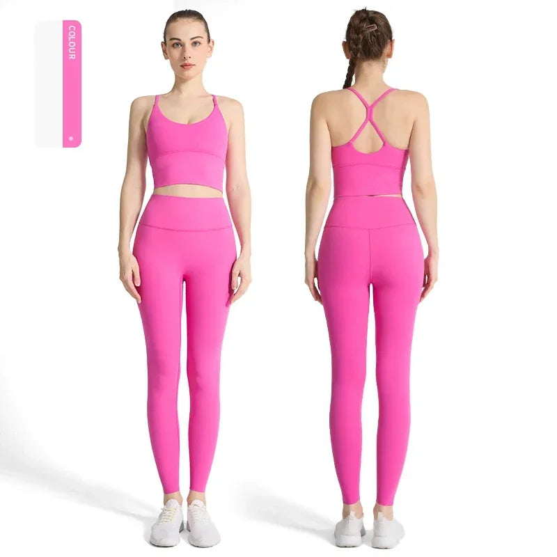 2-piece Yoga Suit Women Sportswear Fitness Set Cross back Yoga Tops - GilloServ