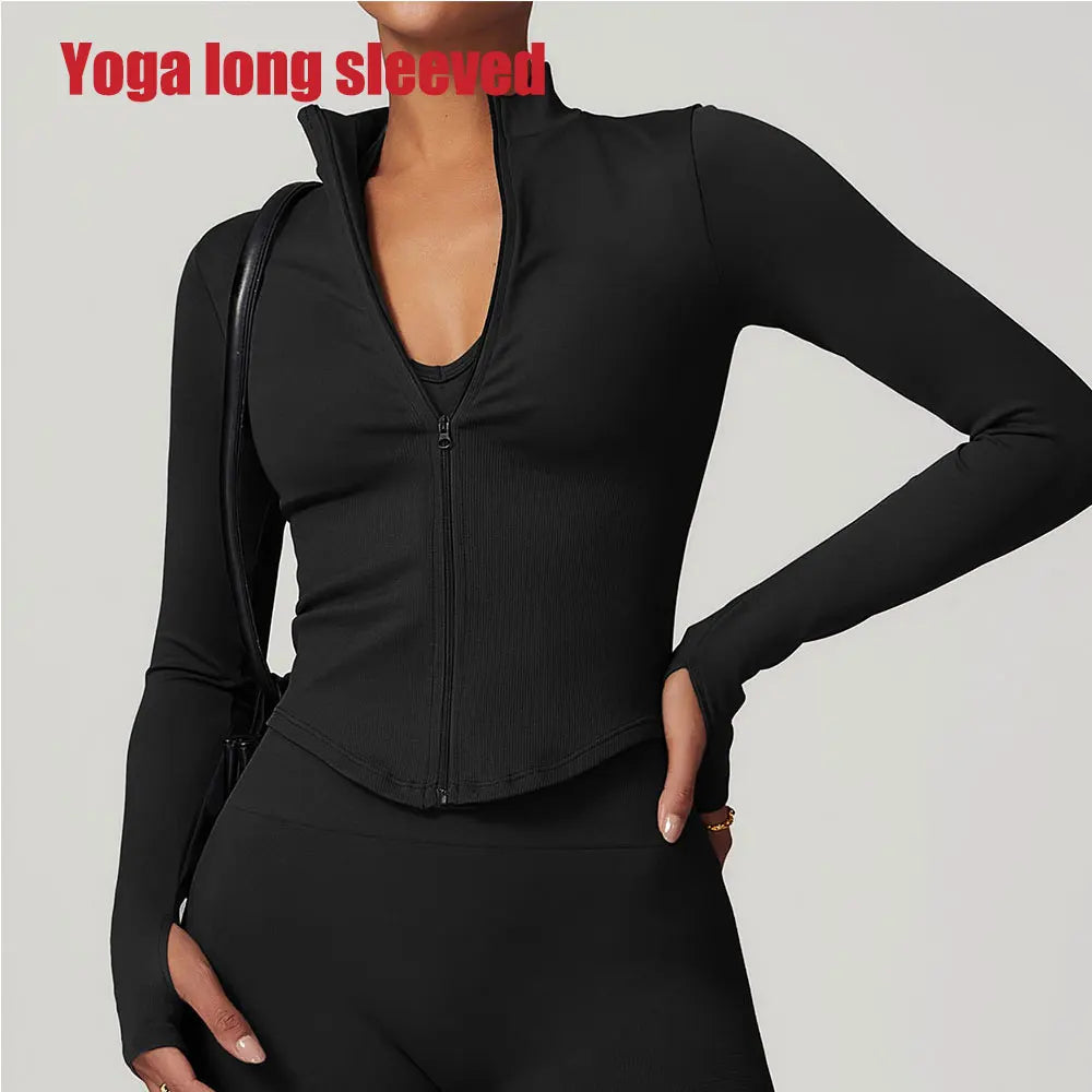Zipper Women Crop Tops Yoga T-shirts Solid // Long Sleeve Running Shirts Sexy Quick Dry Fitness Jacket Gym Sport Wear - GilloServ