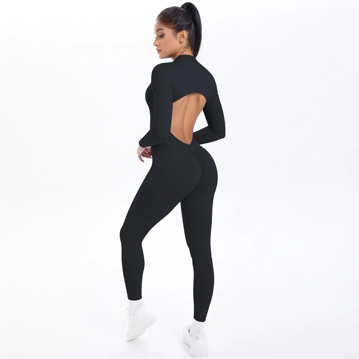 Women's Yoga Bodysuit Half Zip Front Open Back Butt Lift - GilloServ