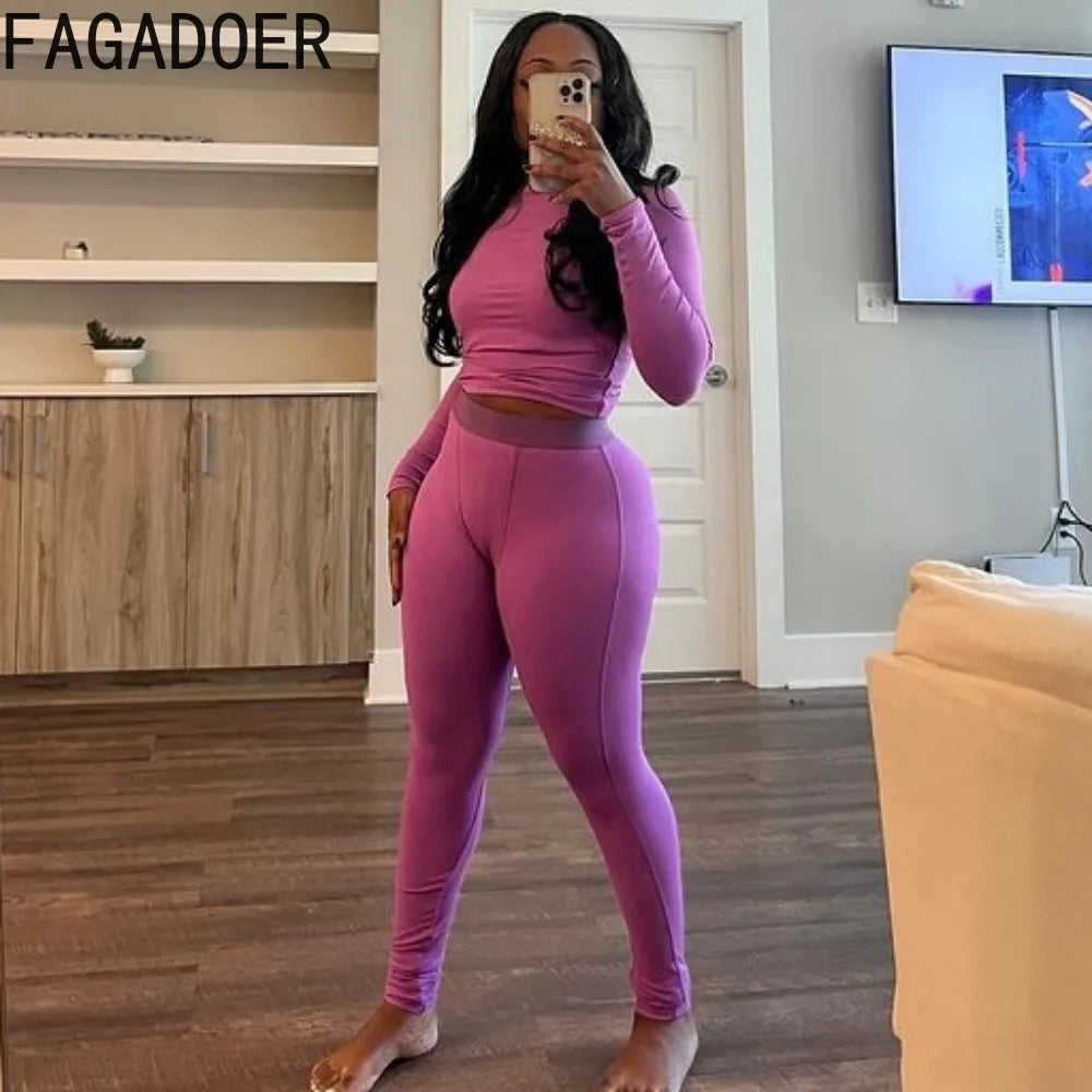 New Ribbing 2 Piece Sets Women Outfit Solid Long Sleeve Crop Top + High Waist Leggings Suits Sportswear - GilloServ