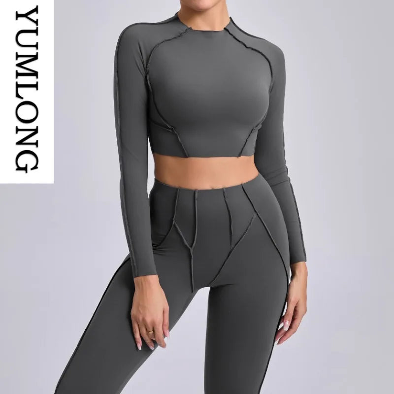 Women Yoga Shirts Non-Padded Long Sleeve Crop Tops Sportswear - GilloServ