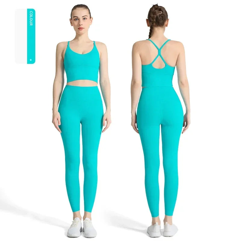 2-piece Yoga Suit Women Sportswear Fitness Set Cross back Yoga Tops - GilloServ