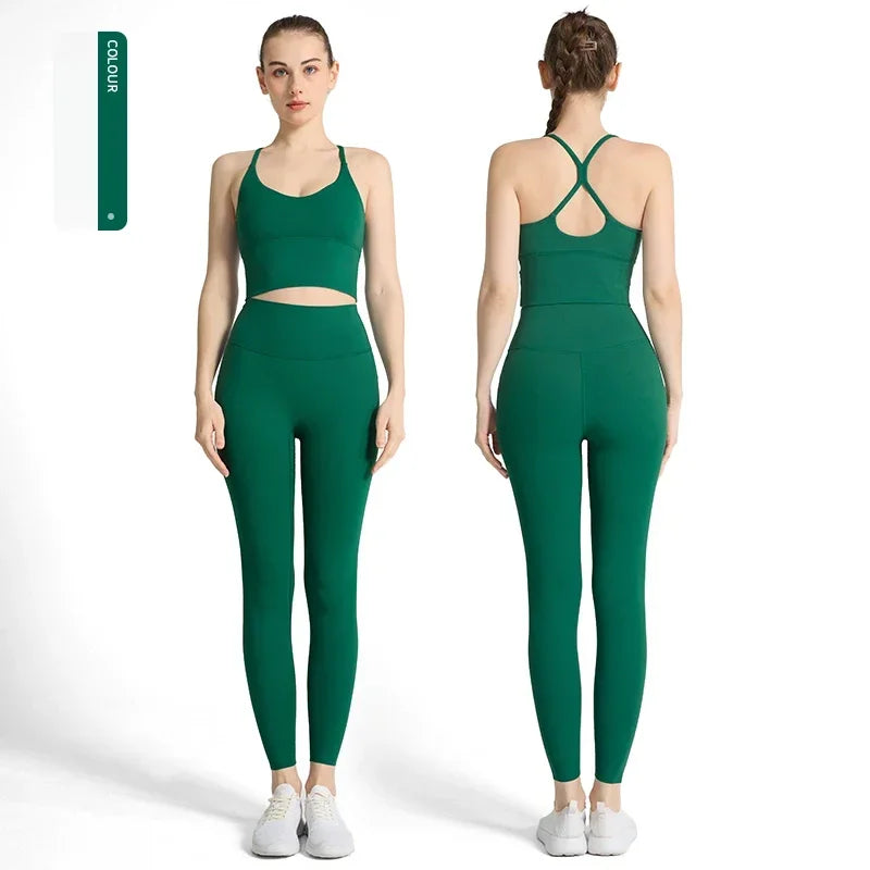 2-piece Yoga Suit Women Sportswear Fitness Set Cross back Yoga Tops - GilloServ