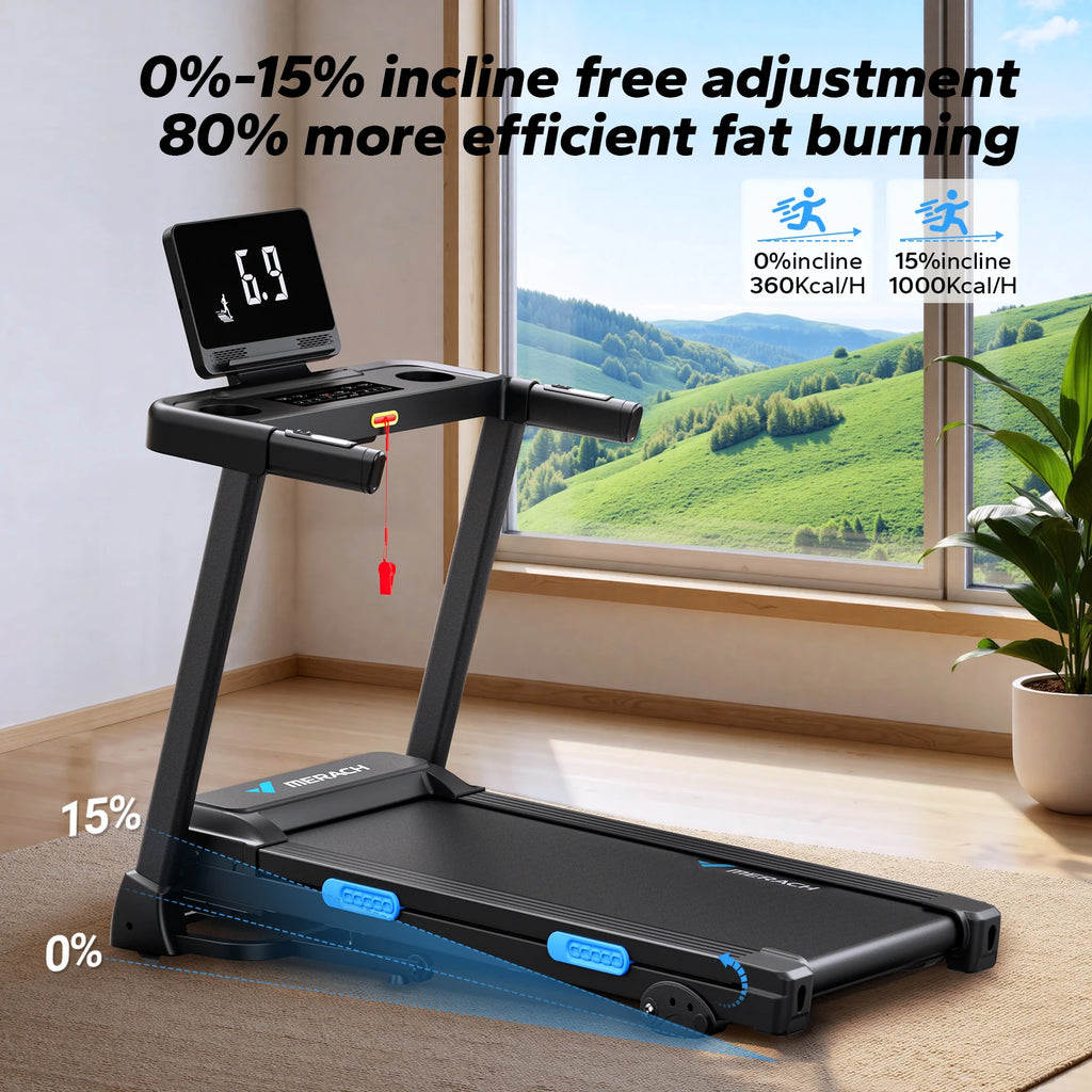 MERACH Foldable Treadmill T12 Incline Quiet Treadmills Double Deck Technology 4 Silicone Shock Cushion Heart Rate Monitoring - GilloServ