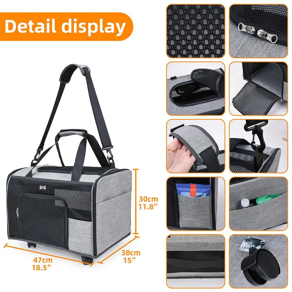 Rolling Pet Carrier Airline Approved Pet Carrier With Wheels Shoulder Bag For Dog/Puppy/ Kitten/ Outdoor Adventure Travel - GilloServ