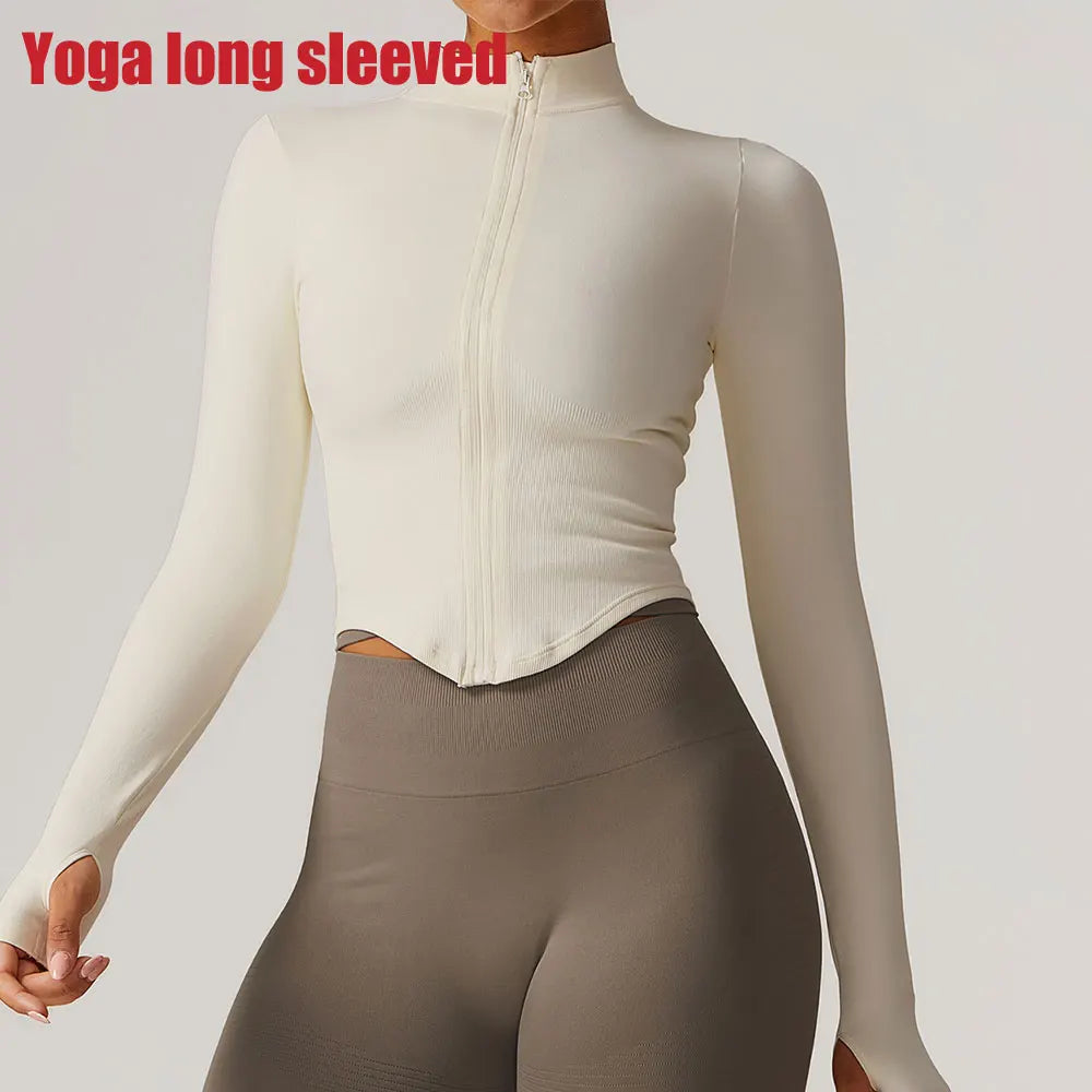 Zipper Women Crop Tops Yoga T-shirts Solid // Long Sleeve Running Shirts Sexy Quick Dry Fitness Jacket Gym Sport Wear - GilloServ