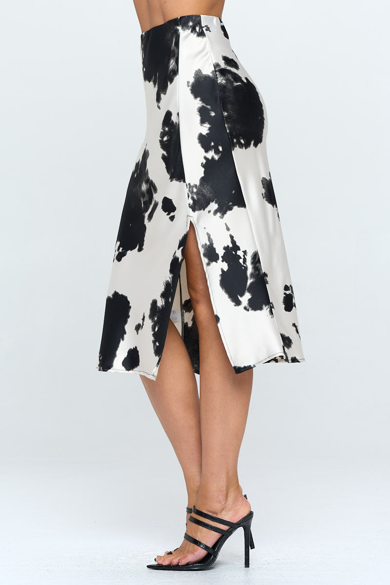 Satin Cow Print Midi Skirt with Slit-2