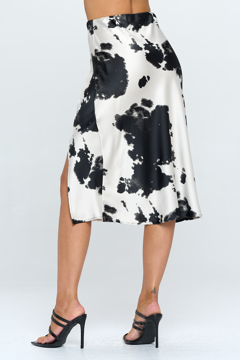 Satin Cow Print Midi Skirt with Slit-1