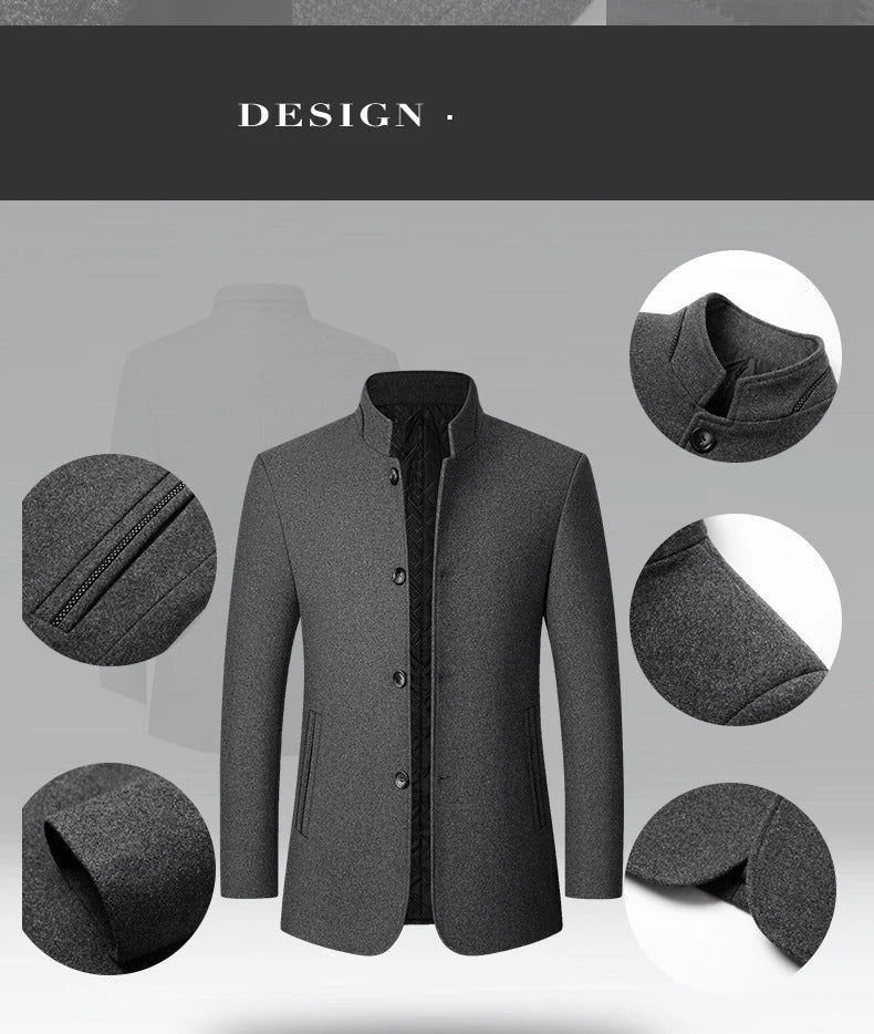 NNEOBA Mens Winter Wool Coat Stand Collar Business Jacket (Gray)-3