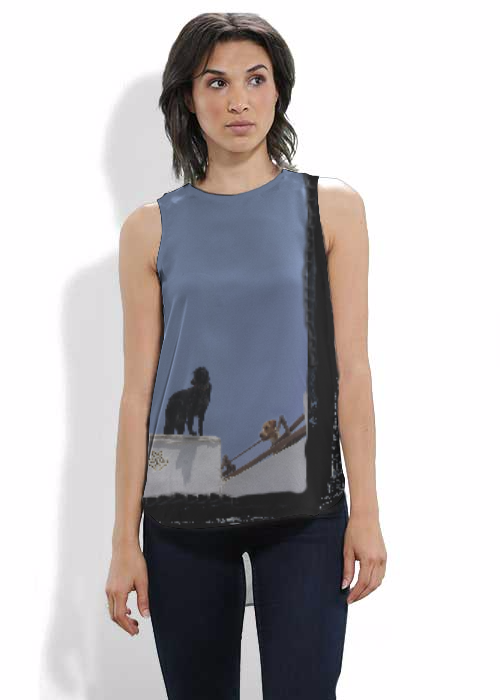 Silk sleeveless shirt. Art meets Fashion. Dogs on a Wall in Santorini, Greece-0