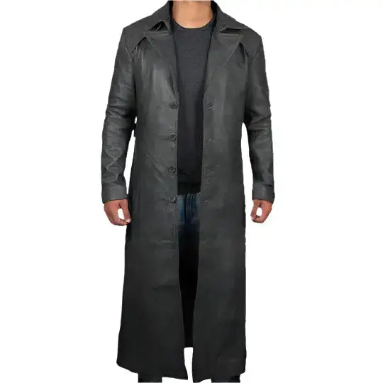 Mens Black Leather Winter Trench Coat-0