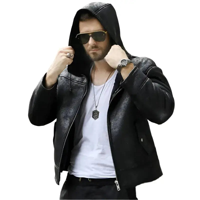 Men’s Hooded Black Shearling Winter Jacket-0