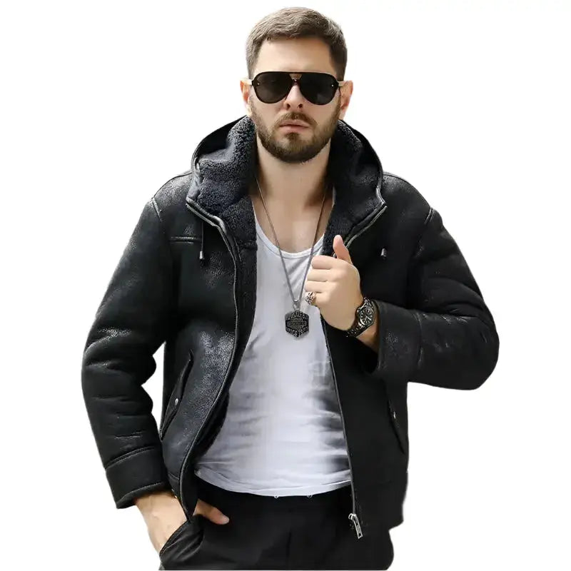 Men’s Hooded Black Shearling Winter Jacket-1