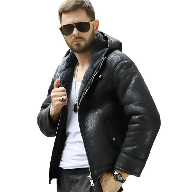 Men’s Hooded Black Shearling Winter Jacket-2
