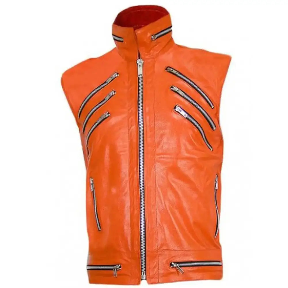 Men's Orange Zipper Leather Vest – Punk Style-0