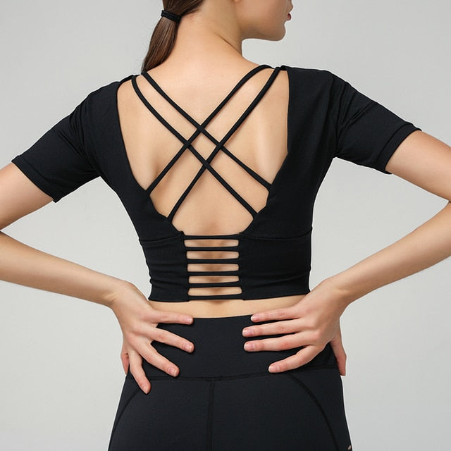 Stretchy Padded Workout Gym T-shirt Women Plain Cotton Feel Yoga Sport Short-Sleeved Shirts with Removable Chest Pads