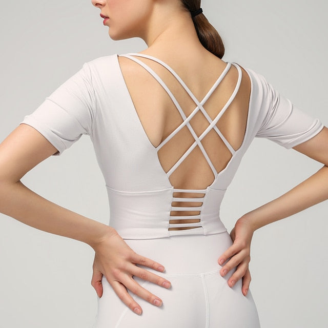 Stretchy Padded Workout Gym T-shirt Women Plain Cotton Feel Yoga Sport Short-Sleeved Shirts with Removable Chest Pads