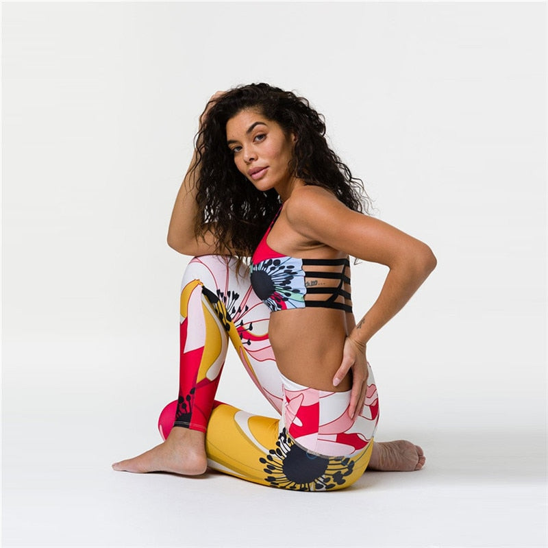 Floral Woman Sportwear Yoga Set Seamless Gym Suit Crop Top Bra Elastic High Waist Yoga Pant Leggings Outfit Fitness Clothing - GilloServ