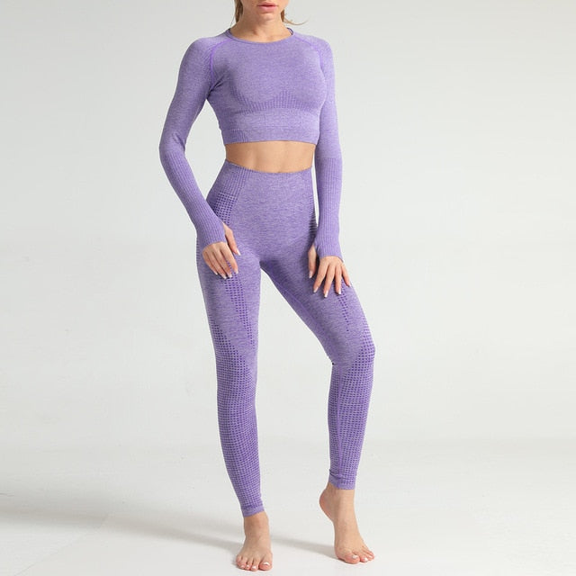 Lycra Seamless 2PCS Women Yoga Set Gym Clothing Fitness Leggings+Cropped Shirts Sport Suit Women Long Sleeve Tracksuit Active - GilloServ