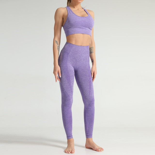 Lycra Seamless 2PCS Women Yoga Set Gym Clothing Fitness Leggings+Cropped Shirts Sport Suit Women Long Sleeve Tracksuit Active - GilloServ