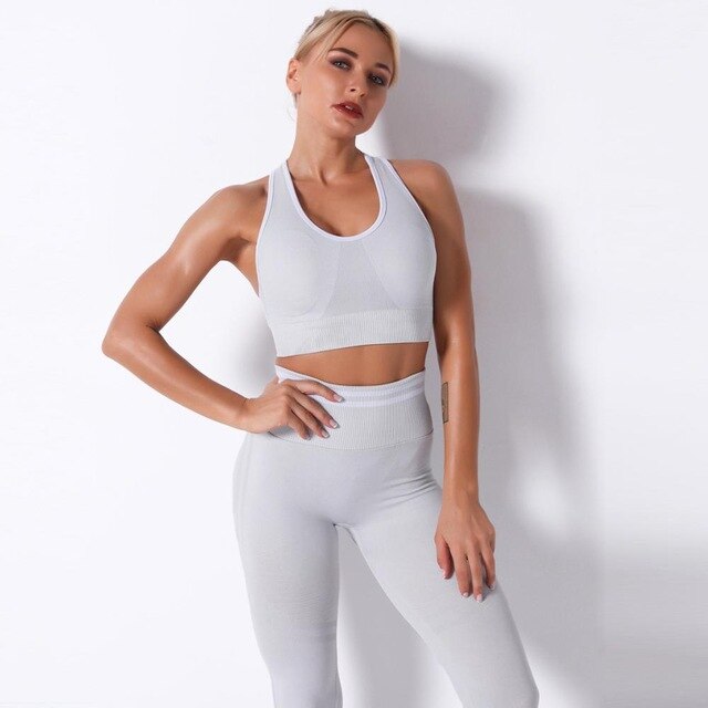Seamless Striped Leggings Pants Bra Top Yoga Tracksuit - GilloServ