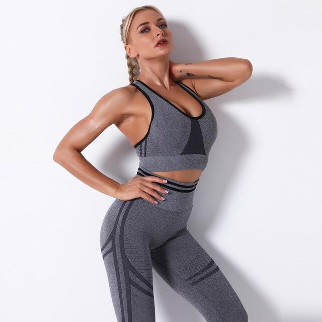 Seamless Striped Leggings Pants Bra Top Yoga Tracksuit - GilloServ