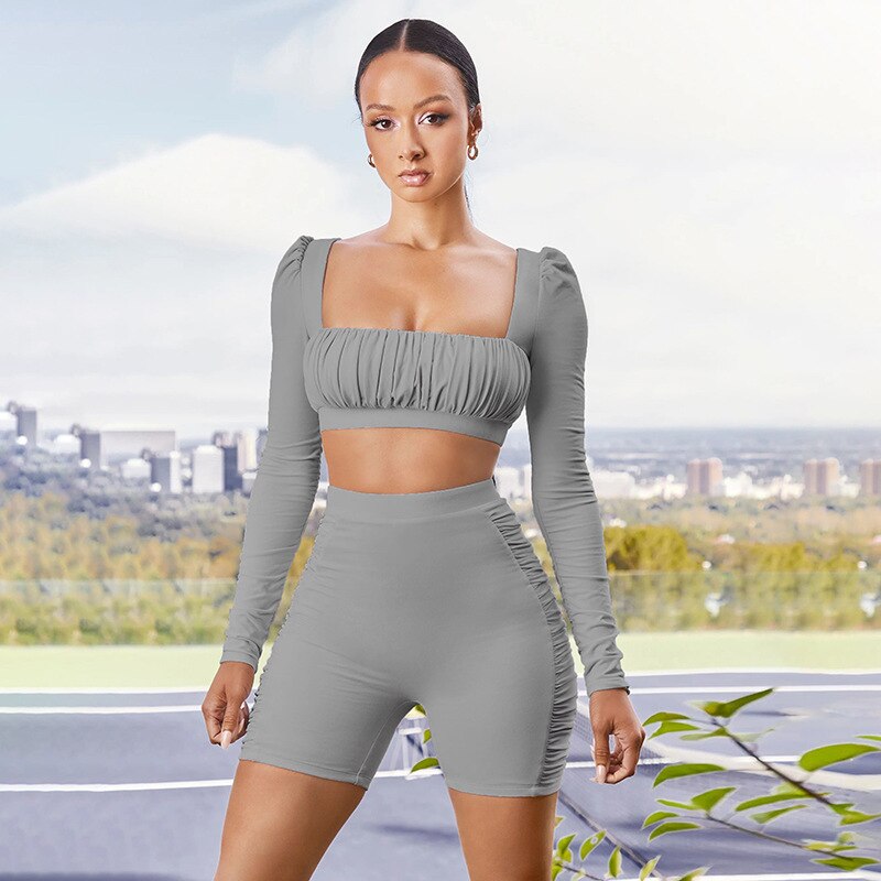 Solid Sports Yoga Set Women Gym Clothes Long Sleeve Pleated Crop Top Skinny Shorts Tracksuit Fashion Fitness Workout New Suit - GilloServ