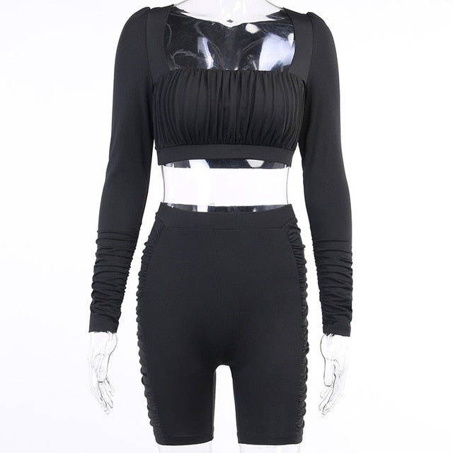 Solid Sports Yoga Set Women Gym Clothes Long Sleeve Pleated Crop Top Skinny Shorts Tracksuit Fashion Fitness Workout New Suit - GilloServ