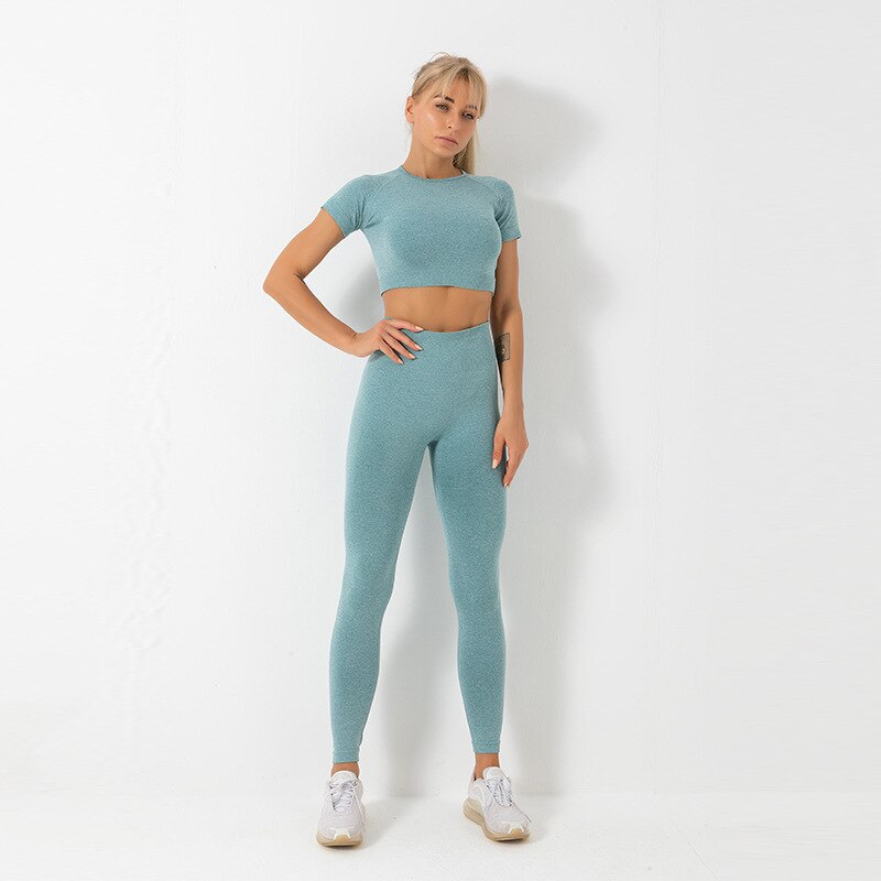 Yoga Gym Suit Seamless Tracksuit For Women Fashion Push Up Workout Running Fitness Suit Short Sleeve Crop Top Leggings Sports - GilloServ
