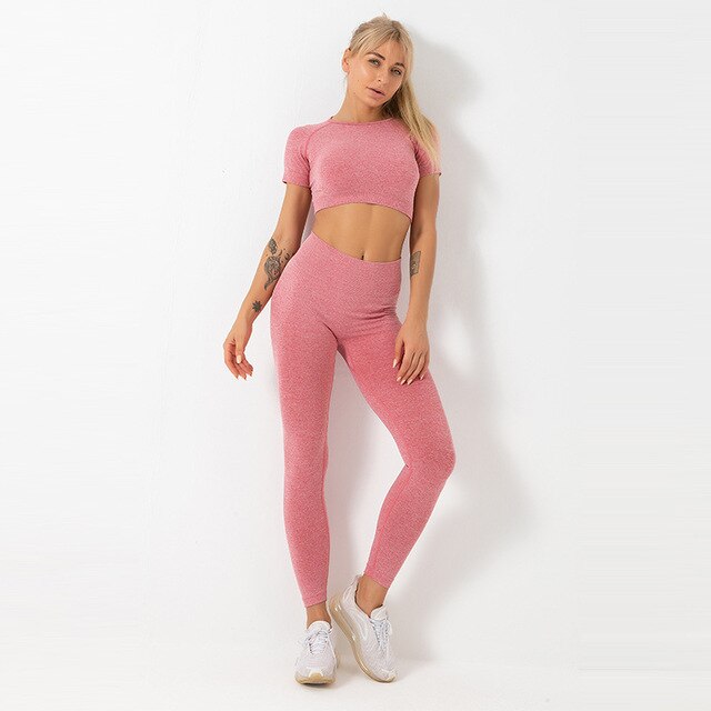 Yoga Gym Suit Seamless Tracksuit For Women Fashion Push Up Workout Running Fitness Suit Short Sleeve Crop Top Leggings Sports - GilloServ