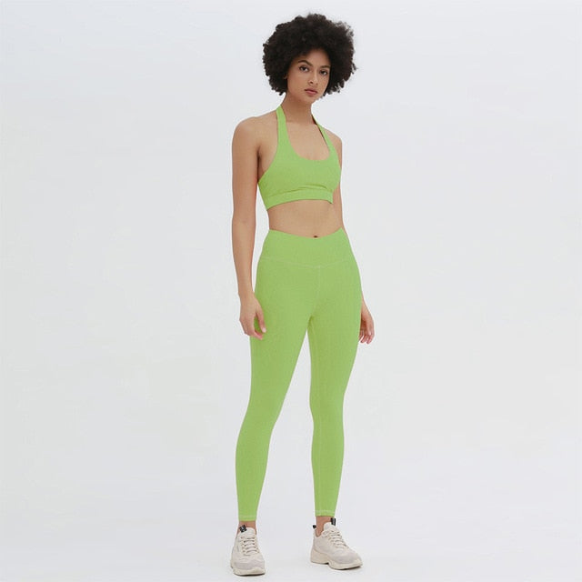 Seamless Yoga Set Women Gym Clothing Halter Tank Crop Top Leggings Tracksuit Push Up Work Out Gym Sportswear Hip Lifting Outfits - GilloServ