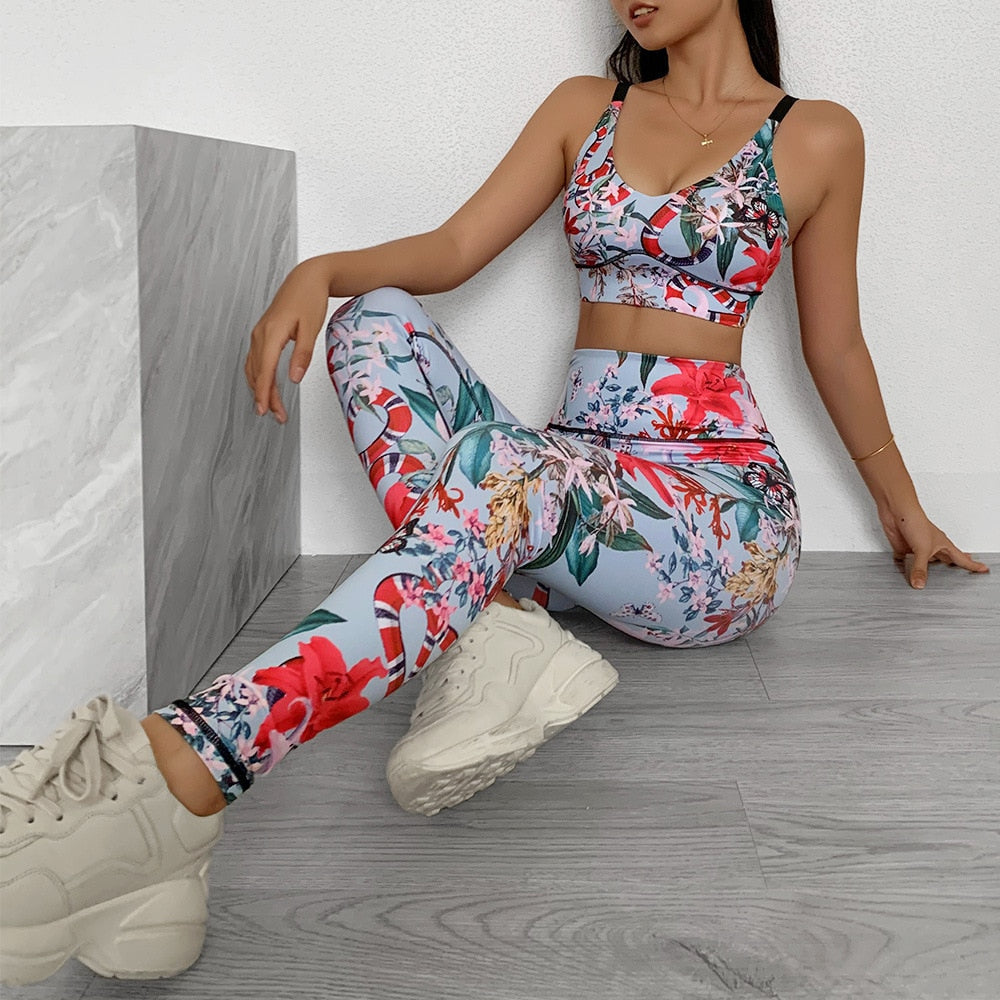 Seamless Floral Print Sports Yoga Set Gym Fitness Tracksuit Fashion Tank Top Leggings Suit Jogging Workout Training Clothing - GilloServ