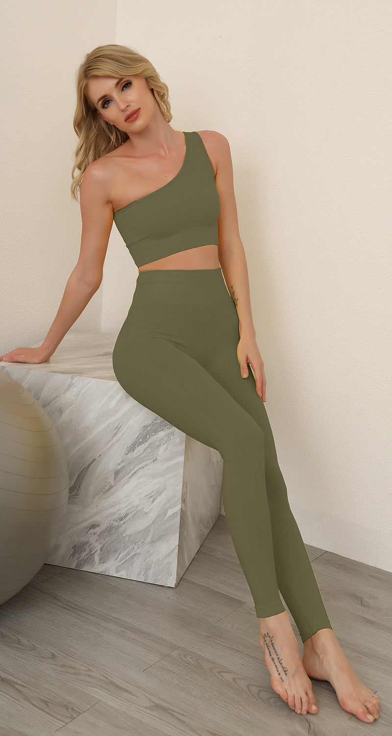 Women Solid Seamless Yoga Set Women Gym Clothes One Shoulder Crop Top And Leggings Fitness Tracksuit Workout Push Up Sports Suit - GilloServ