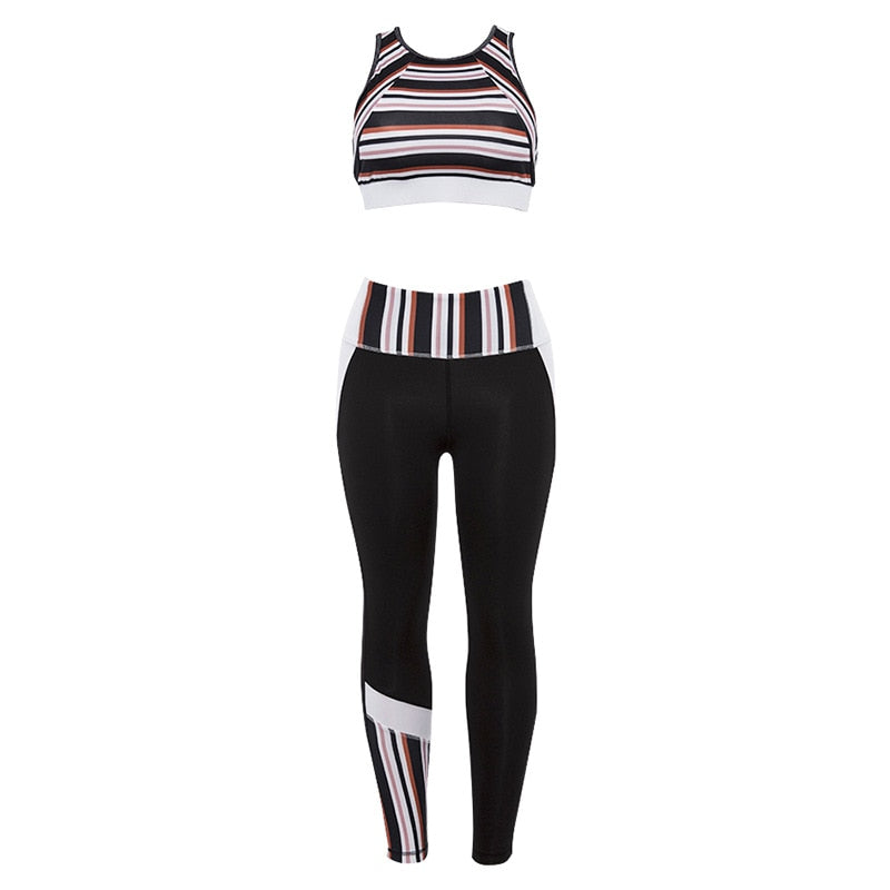 Women Striped Yoga Gym Set Fashion Outdoor Fitness Workout Set Casual Tank Crop Top Leggings Sports  Shaping Two Piece Set-1