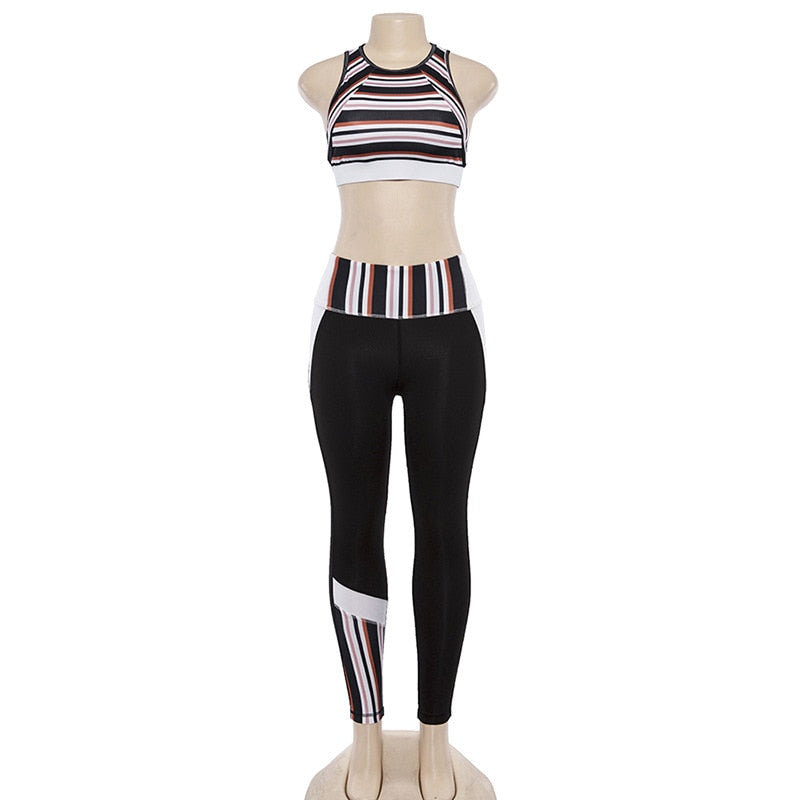 Women Striped Yoga Gym Set Fashion Outdoor Fitness Workout Set Casual Tank Crop Top Leggings Sports  Shaping Two Piece Set-2