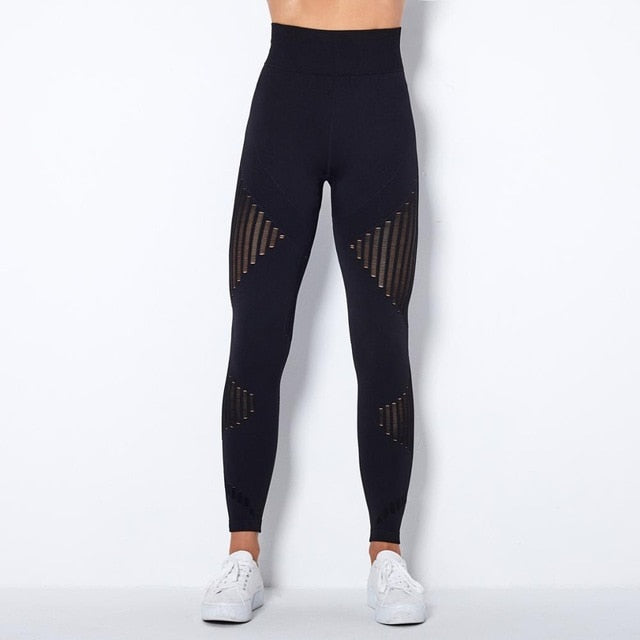Autumn Seamless Hollow Out Yoga Leggings Work Out Fitness Gym Yoga Pantalones High Elastics High Waist Sports Slim Trousers - GilloServ