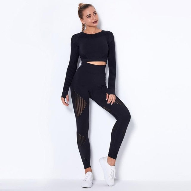 Autumn Seamless Hollow Out Yoga Leggings Work Out Fitness Gym Yoga Pantalones High Elastics High Waist Sports Slim Trousers - GilloServ