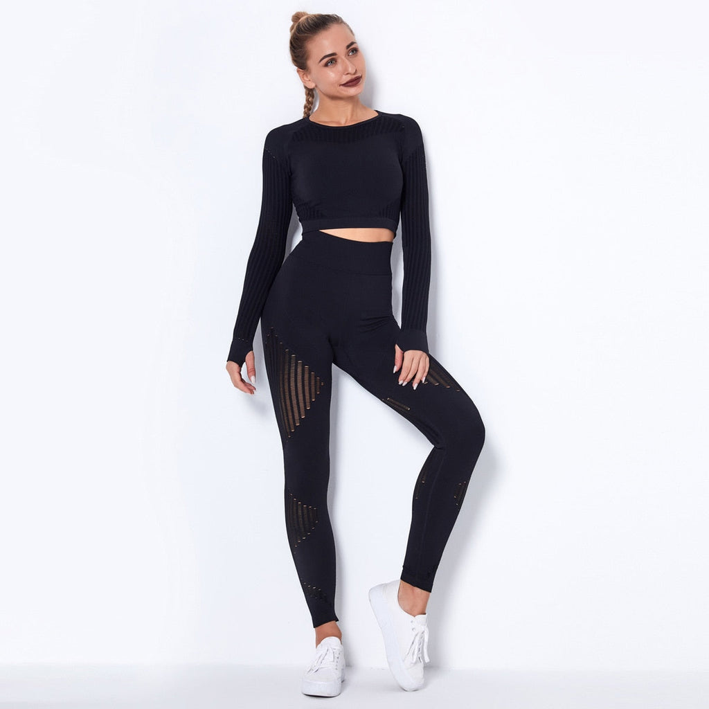 Seamless Yoga Set Women Gym Clothes Long Sleeve Crop
