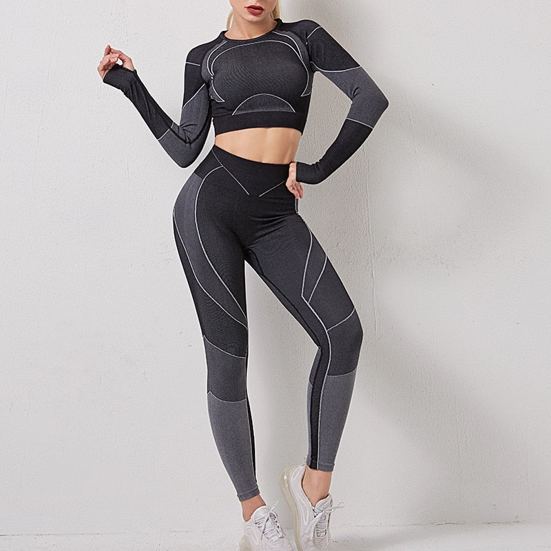 Seamless Striped Yoga Set Gym Clothes Long Sleeve - GilloServ