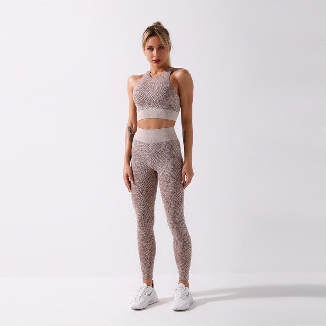 Seamless Python Pattern Yoga Set Gym Clothing Fashion Tank Crop Top Leggings Suit Push Up Workout Training Running Tracksuit - GilloServ