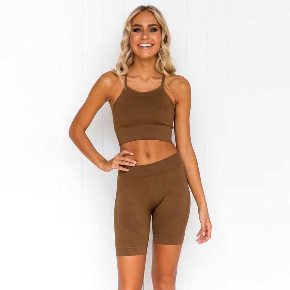 Sportswear Seamless Solid Yoga Suit Women Gym Clothes Cami Crop Top High Waist Shorts Tracksuit Fitness Workout Outdoor Set - GilloServ