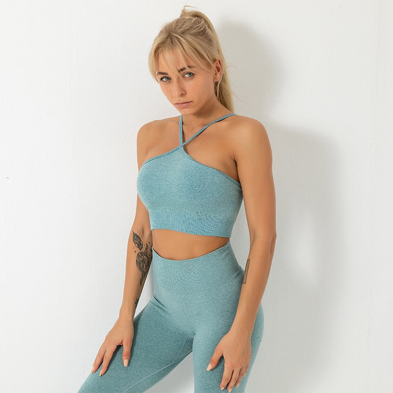 Seamless Solid Yoga Set Fashion Cami Crop Top And Shorts - GilloServ