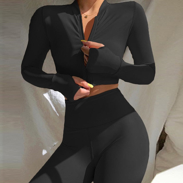 Autumn Seamless Solid Yoga Set Fashion Long Sleeve Crop