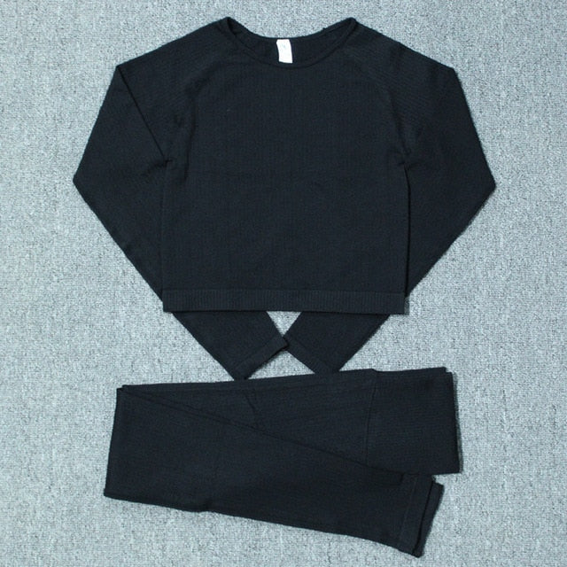 Seamless Yoga Set Women Gym Clothes Solid Long Sleeve