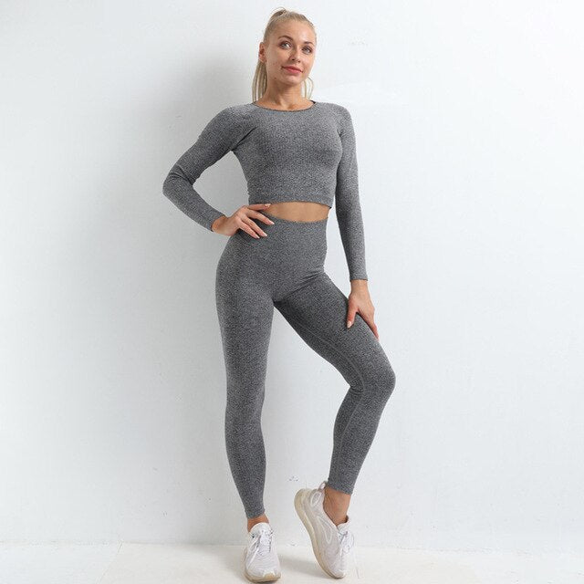 Seamless Yoga Set Women Gym Clothes Solid Long Sleeve